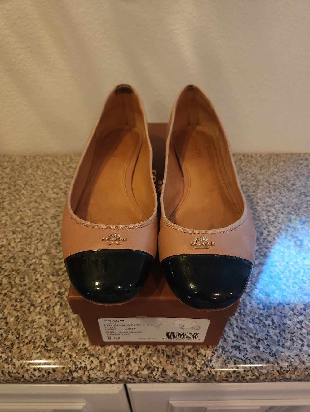 Coach Nude and Black Cap-Toe Ballet Flats